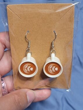Latte Art Cup Dangle Earrings - White and Brown